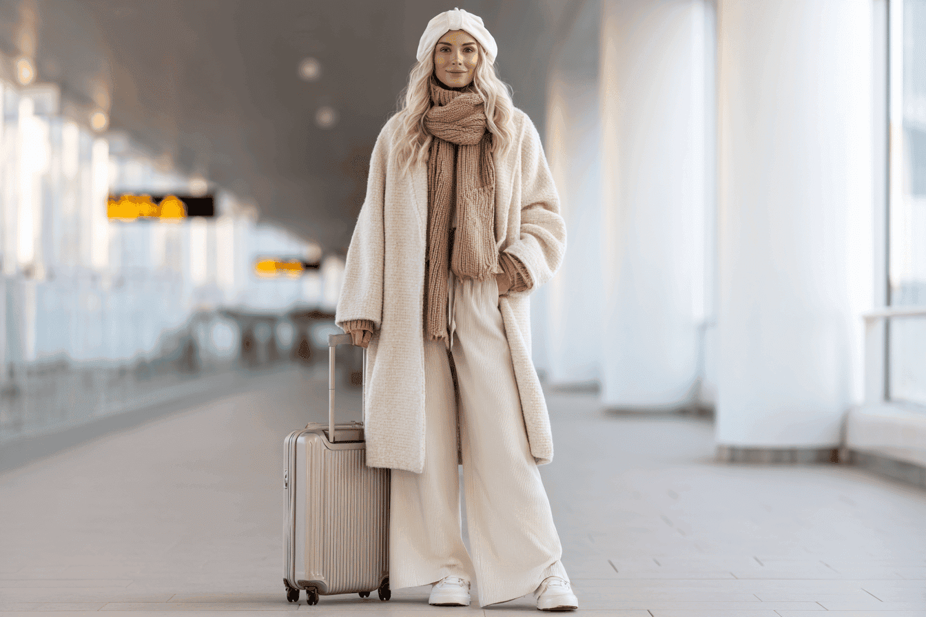 Woman in winter outfit with suitcase at the airport