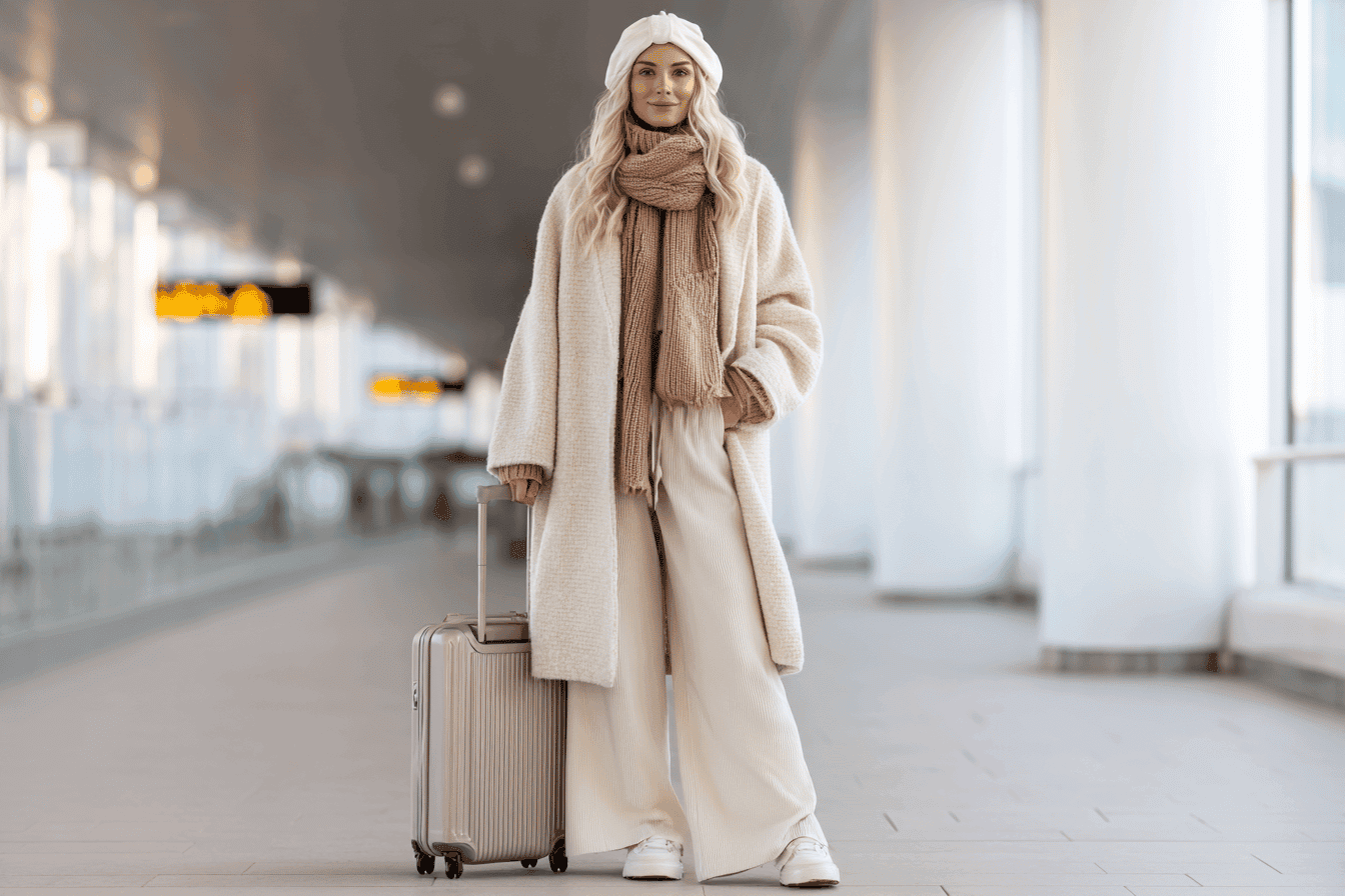 Woman in winter outfit with suitcase at the airport