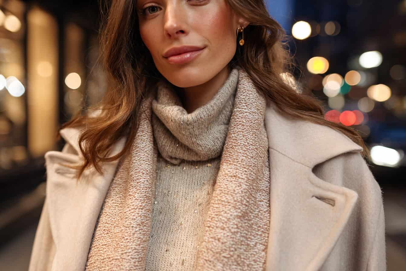 Woman in beige coat and scarf for winter concert