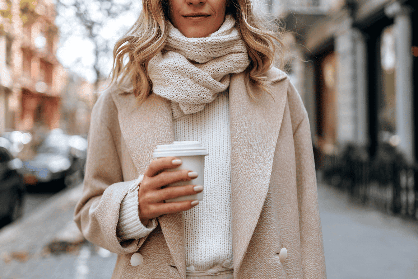 Woman in a beige coat, knitted scarf, and coffee in winter