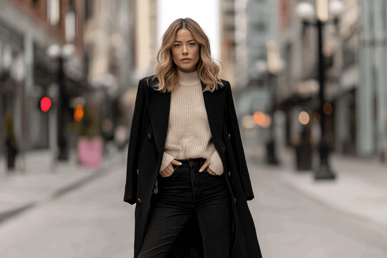Woman in black jeans, beige sweater, and black coat in winter look