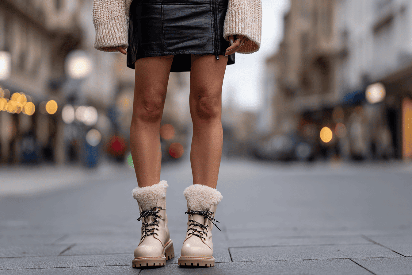 Black leather skirt with beige knitted sweater and winter boots