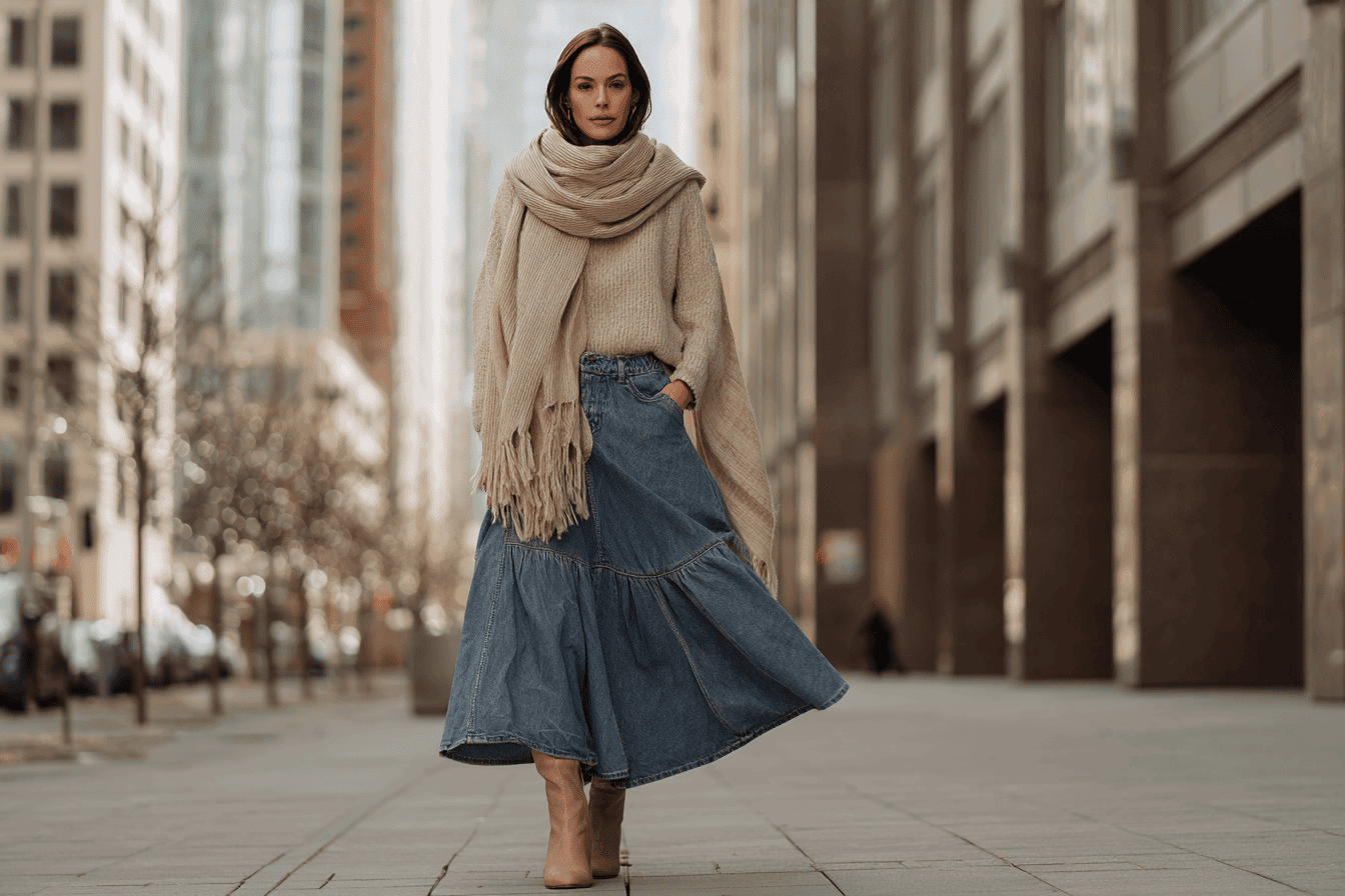 Woman wearing a denim midi skirt with a knitted sweater and scarf in winter.