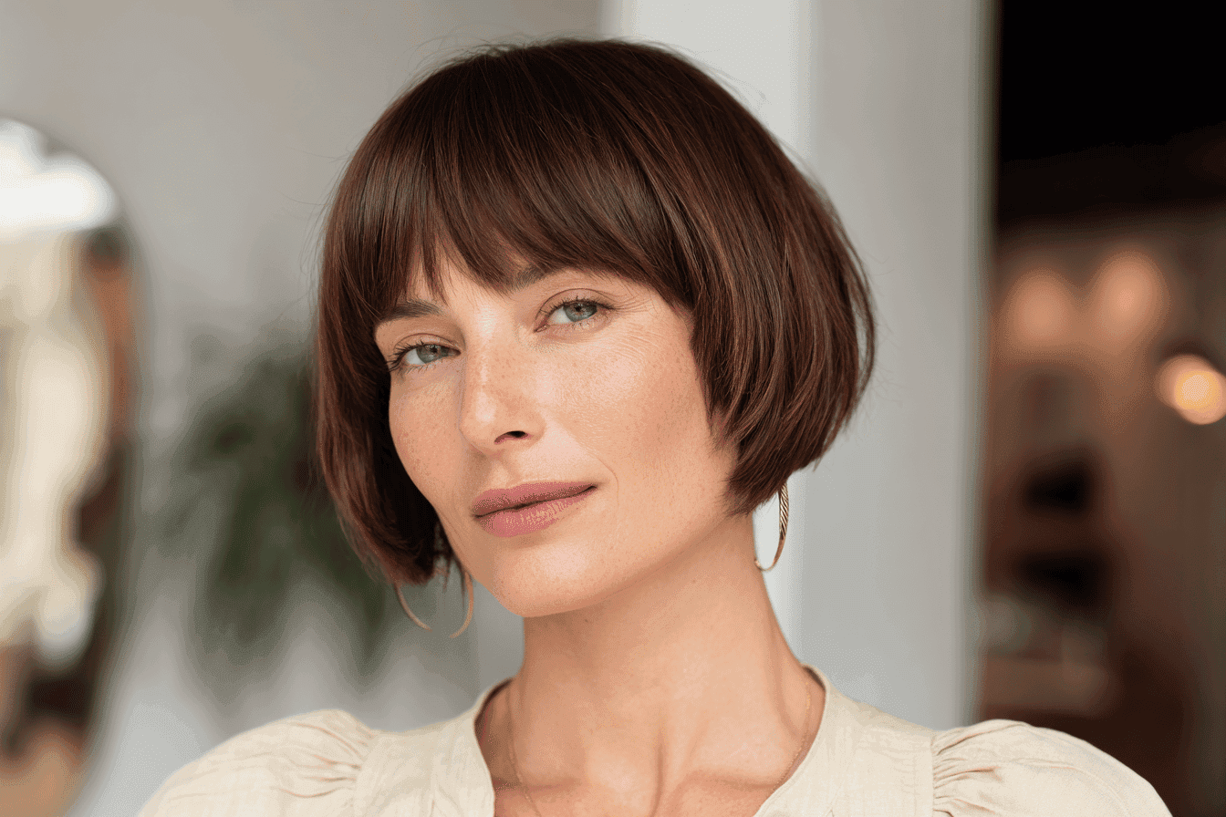 Woman with brown, straight bob and bangs