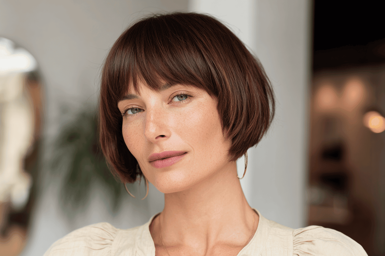 Woman with brown, straight bob and bangs