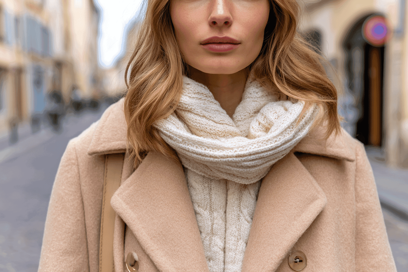 Woman in a beige winter coat and cream-colored scarf in a European city