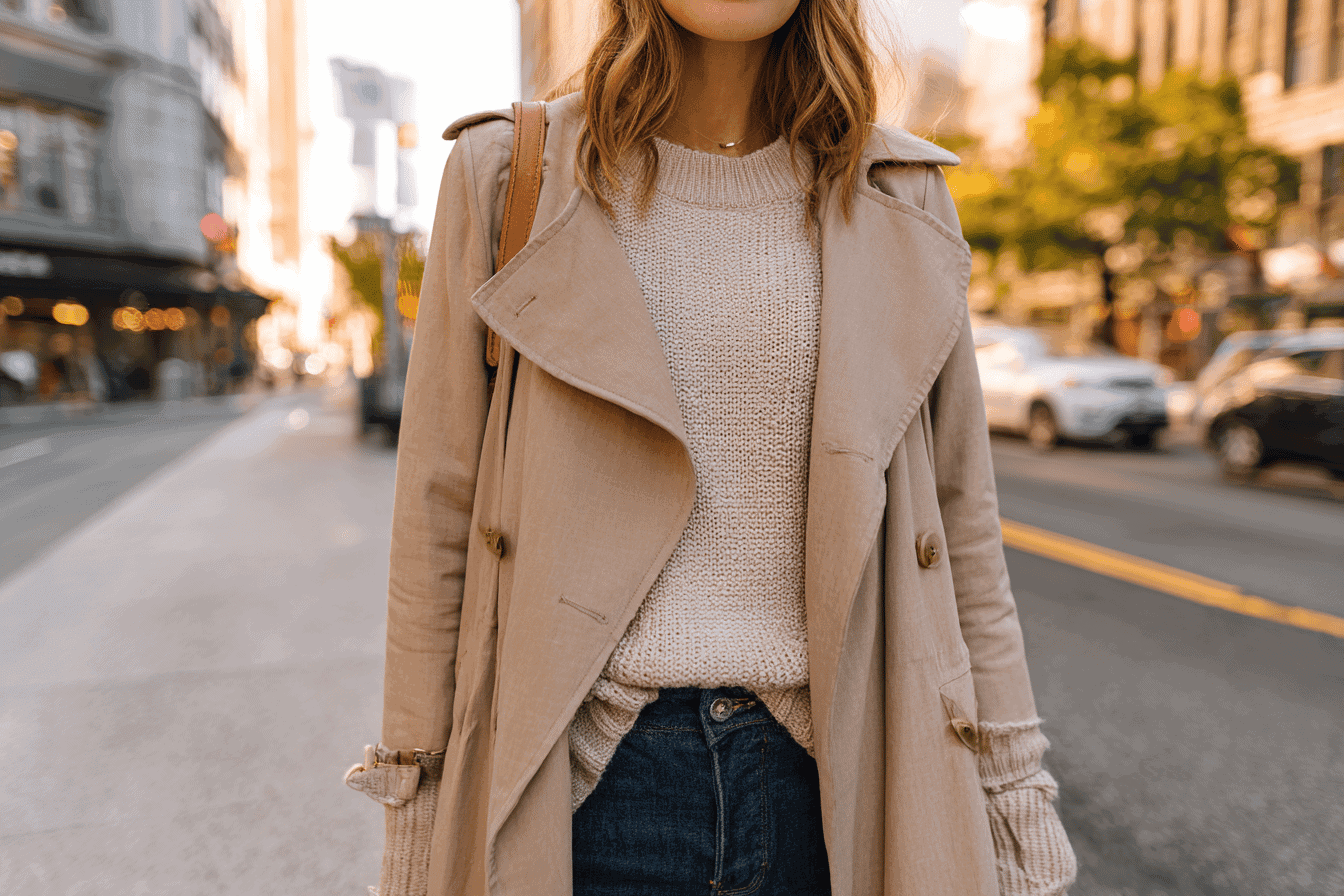 Woman in a beige coat and knitted sweater on the street