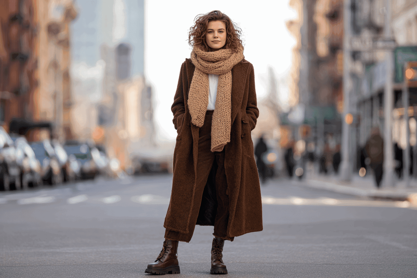 Woman in a brown winter coat and knit scarf standing on a street in New York