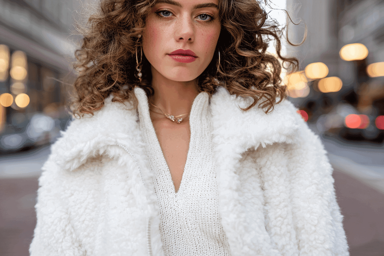 Woman in a white teddy coat at night in the city