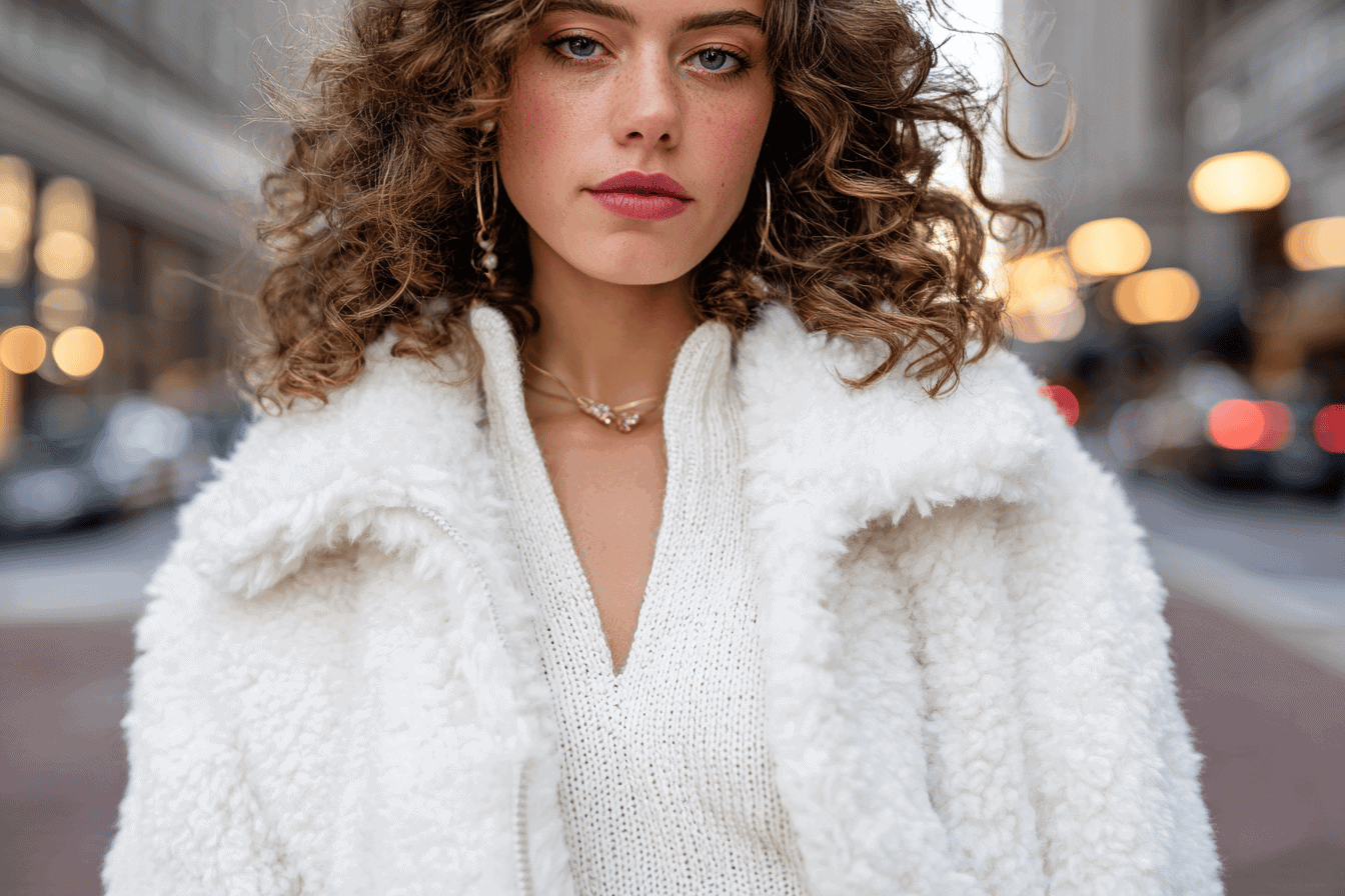 Woman in a white teddy coat at night in the city