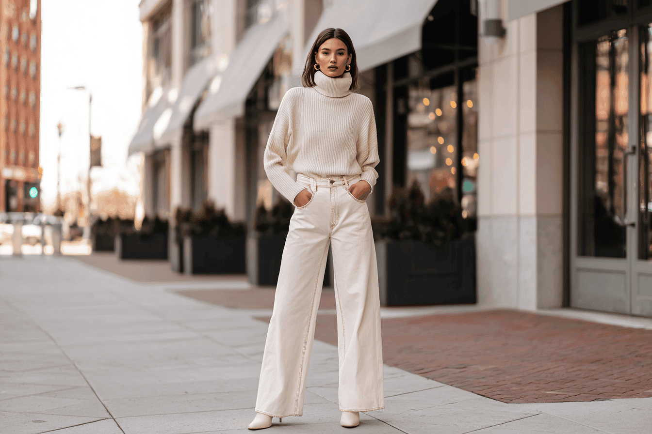 Woman wearing cream-colored wide-leg jeans and a cozy turtleneck sweater in a wintry urban setting.
