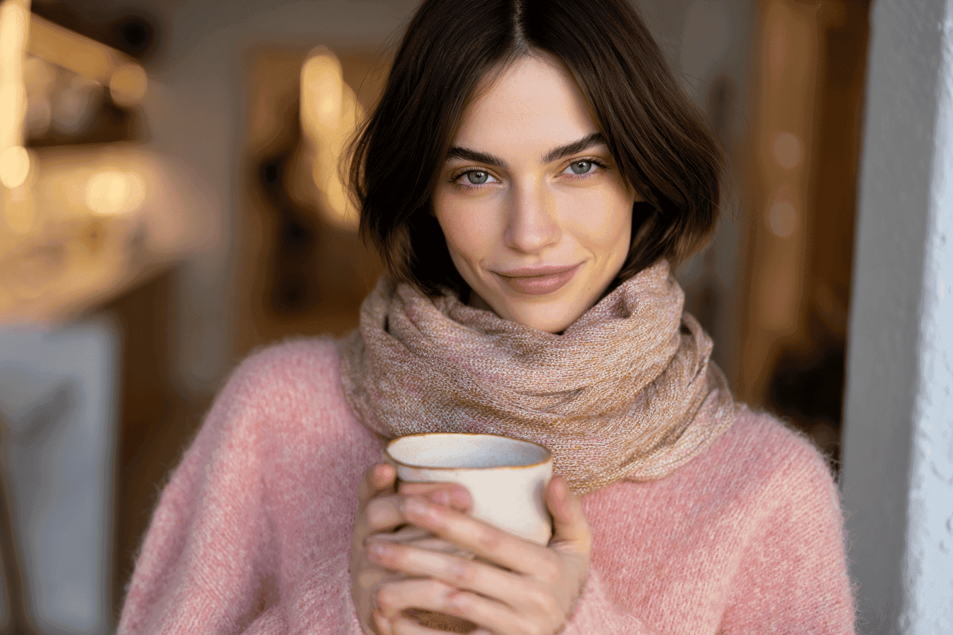 Woman in a cozy winter outfit with a scarf and sweater holding a mug