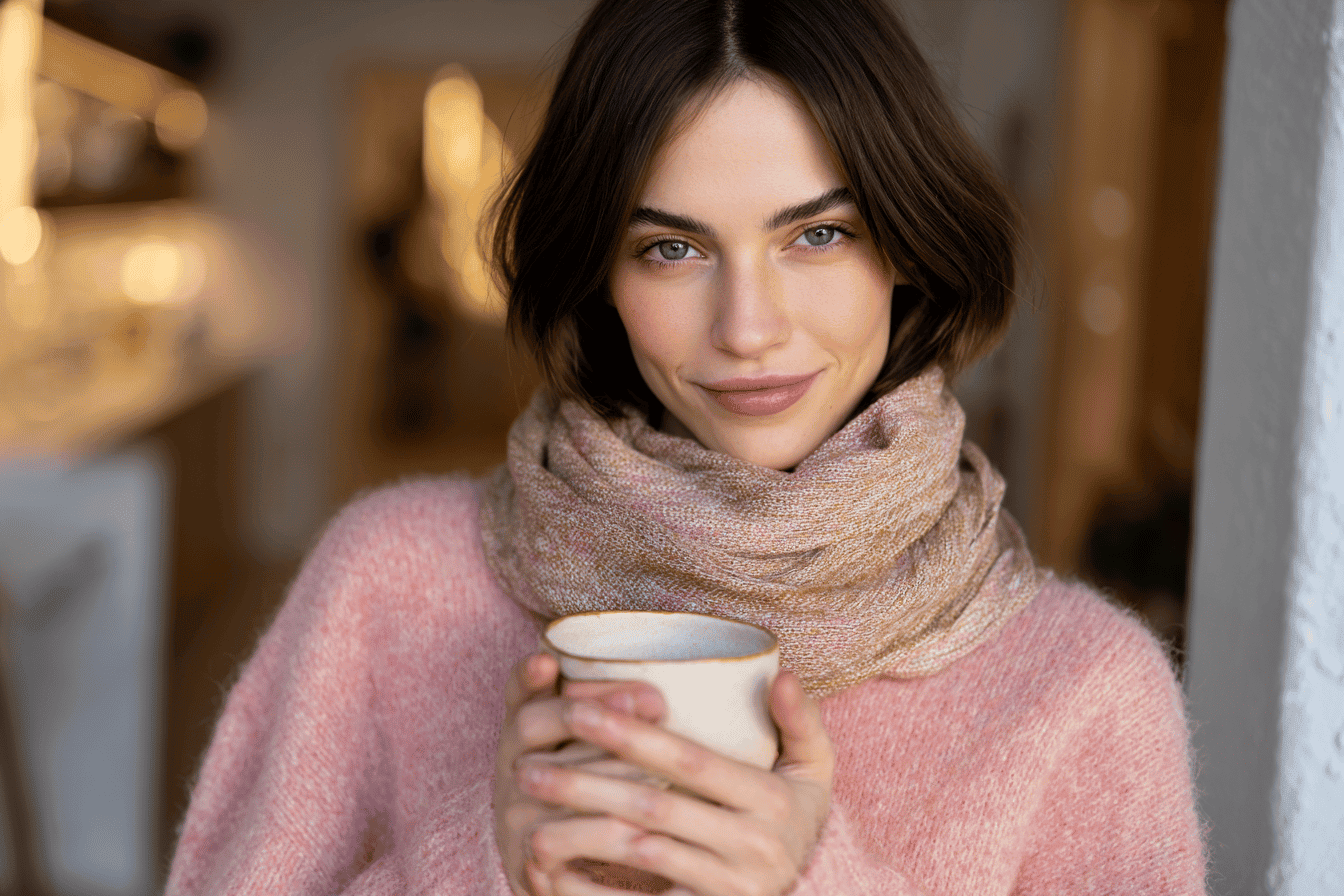 Woman in a cozy winter outfit with a scarf and sweater holding a mug