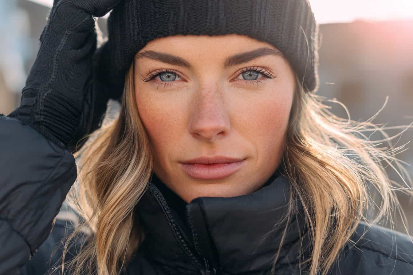 Woman in a warm winter jacket and hat hiking