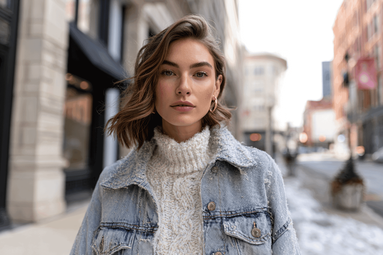 Woman in a knitted sweater and denim jacket on a winter city walk