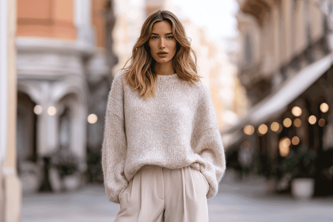 Woman wearing a beige knitted sweater and wide fabric trousers.