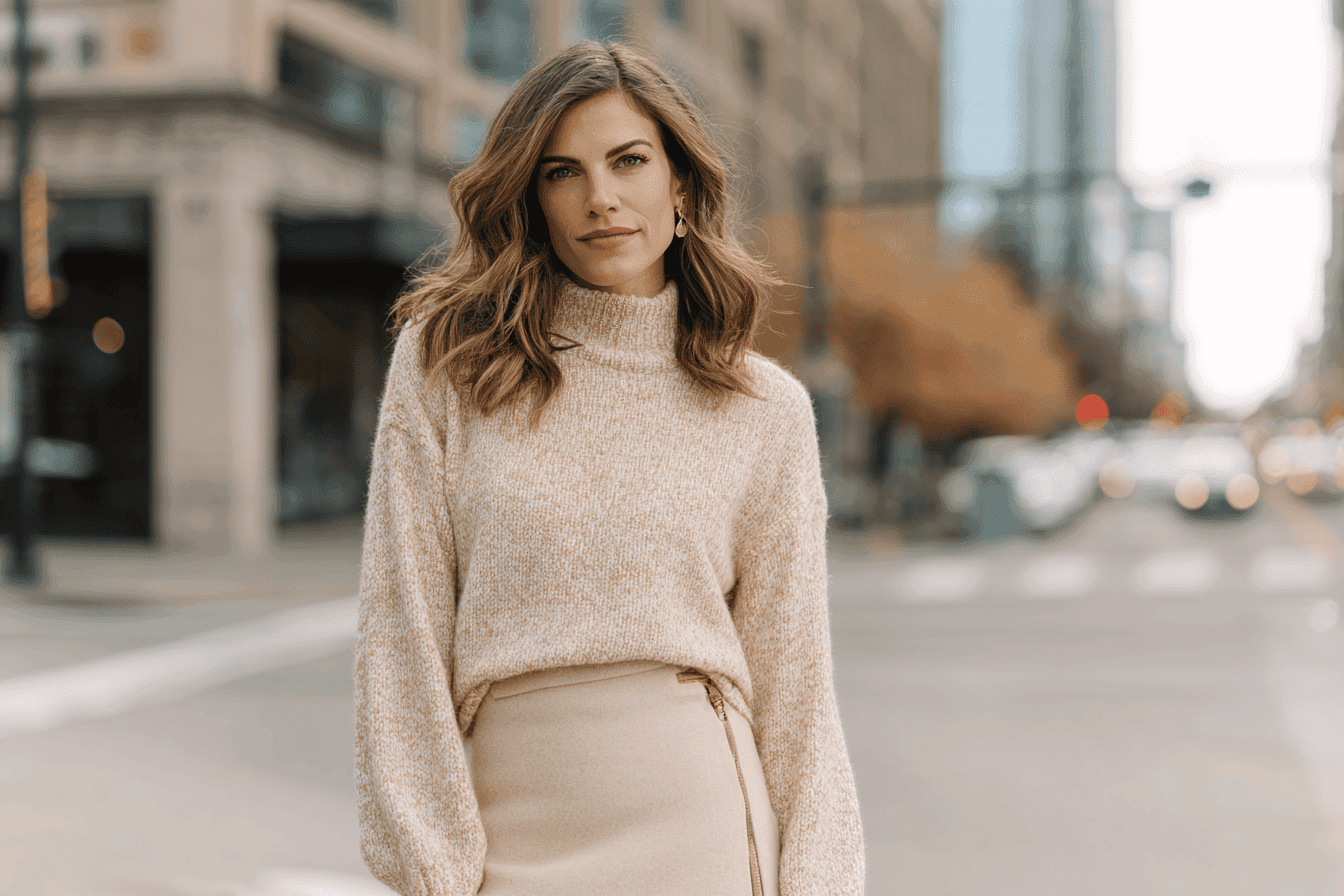 Woman in a beige turtleneck sweater and skirt in the city