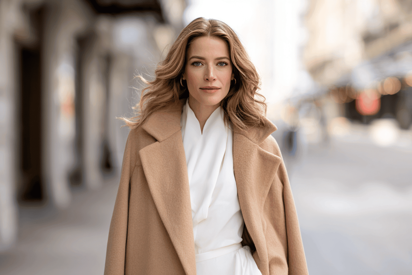 Woman in a cream-colored dress and beige coat on a wintry street
