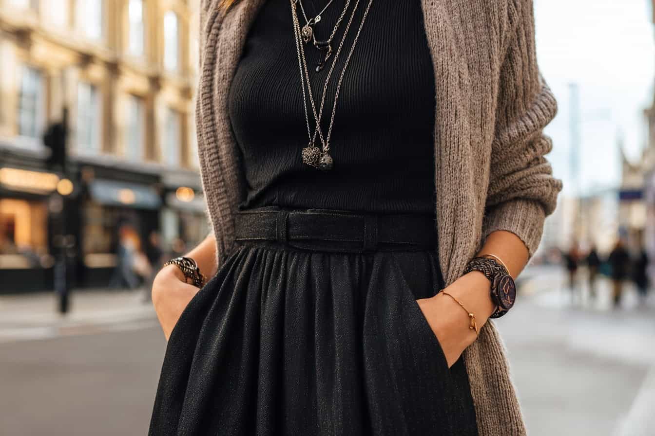 Frau trägt schwarzen Jeansrock mit Strickjacke und Schmuck in urbaner Winterkulisse