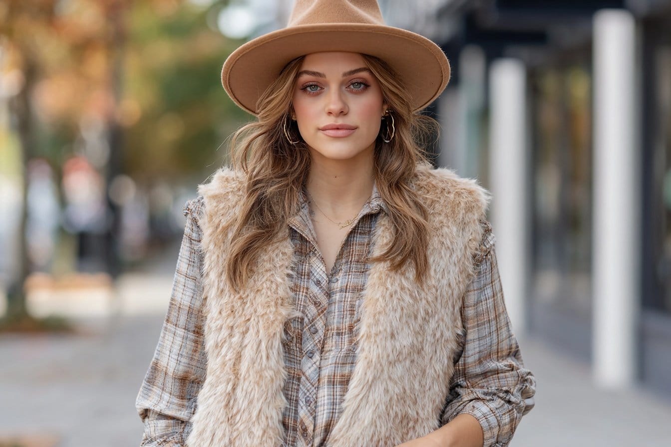 Frau mit beigem Hut, kariertem Hemd und flauschiger Weste für ein Winter Country Konzert Outfit