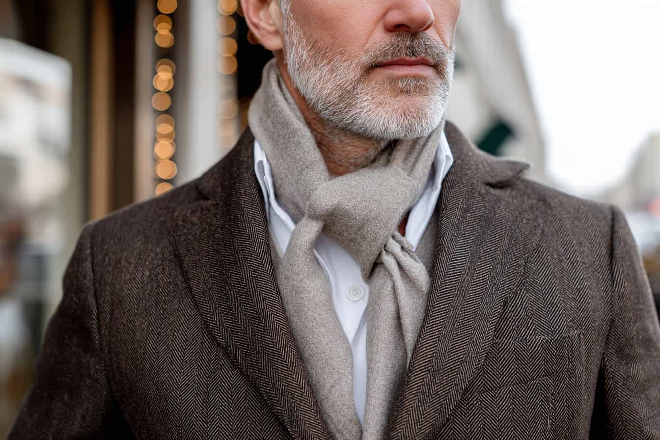 Mann mit braunem Wollmantel, weißem Hemd und beigem Schal